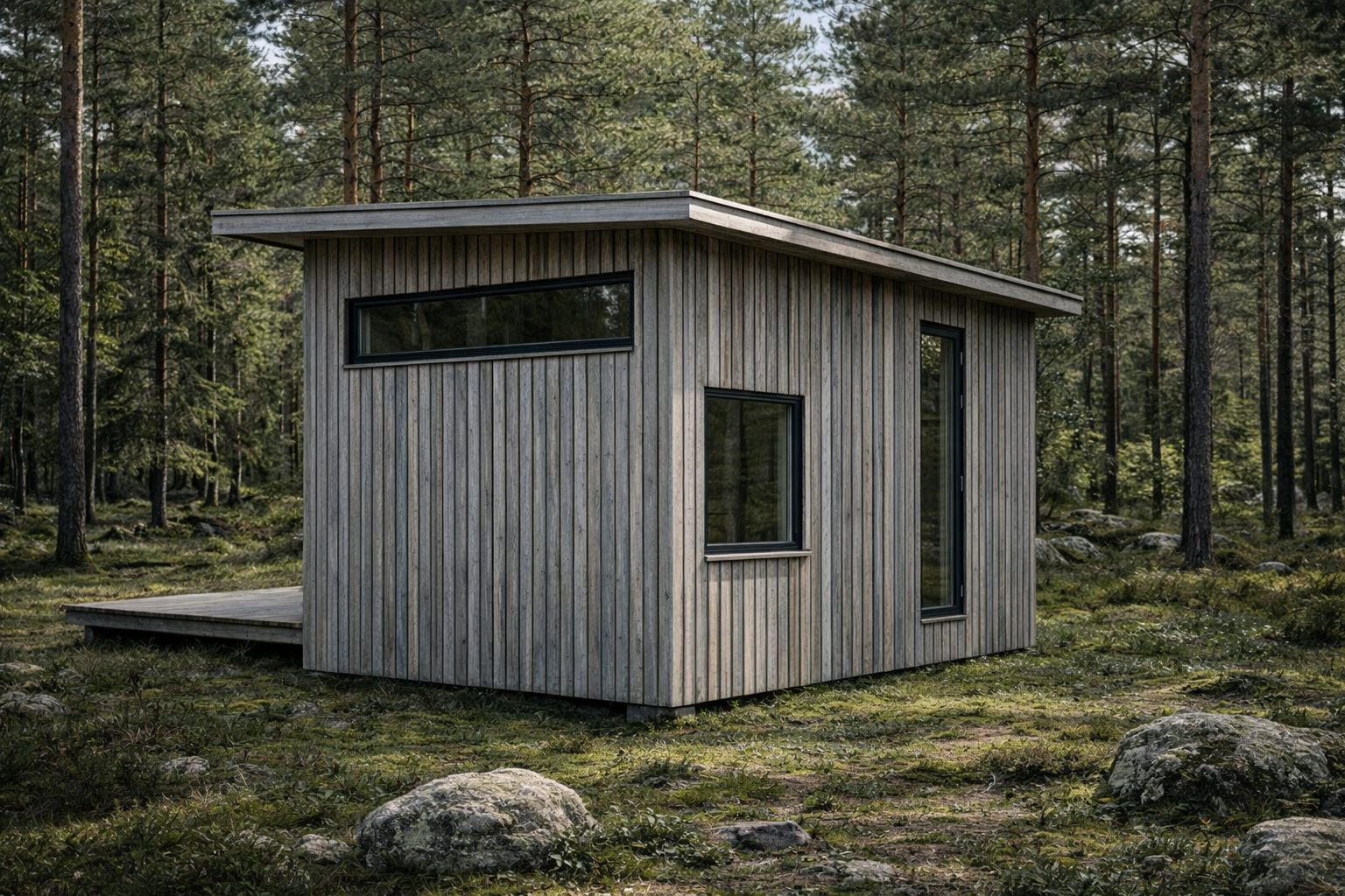 Compact House exterior in a Nordic forest setting